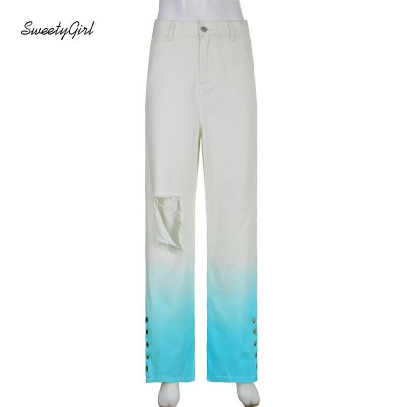 Quần Jean Dài Lưng Thấp Dáng Rộng Phối Nút Màu Gradient Thời Trang 2022 Cho Nữ