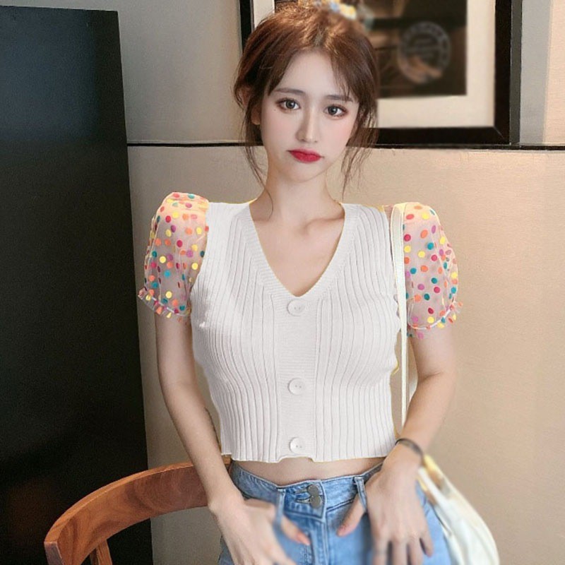 Áo Ngắn Tay Cổ Chữ V Phối Lưới Xinh Xắn Dành Cho Nữ