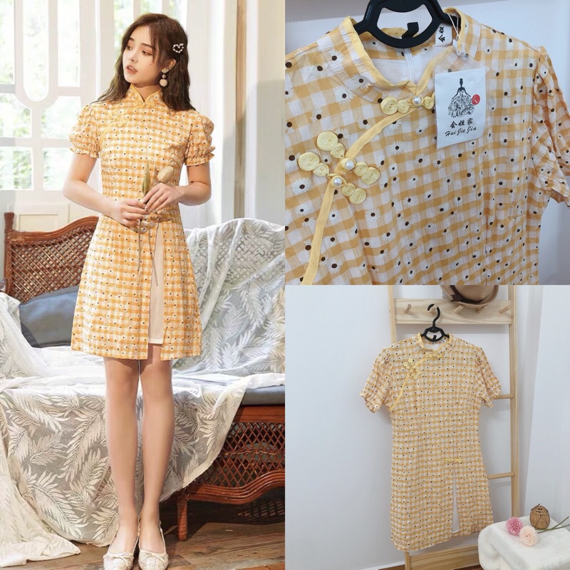 Sườn xám caro Trung Hoa trending dưới 68 kg