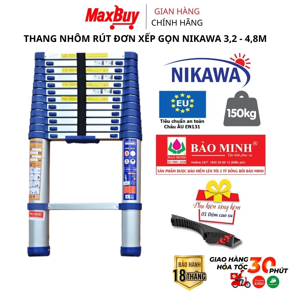 Thang nhôm rút đơn xếp gọn thông minh 3,2 - 4,8m NIKAWA nhập khẩu Nhật Bản bảo hành chính hãng 18 tháng giao hỏa tốc HN