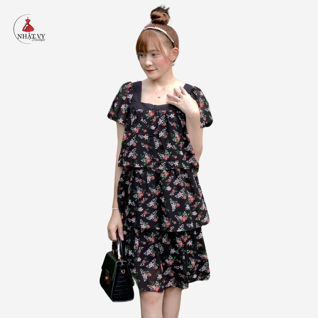 Đầm Nữ NHẬT VY Cổ Vuông Kiểu Hoa Phối Tầng Chất Voan Bầu Thoải Mái Dáng Suông Màu Hồng - D2050