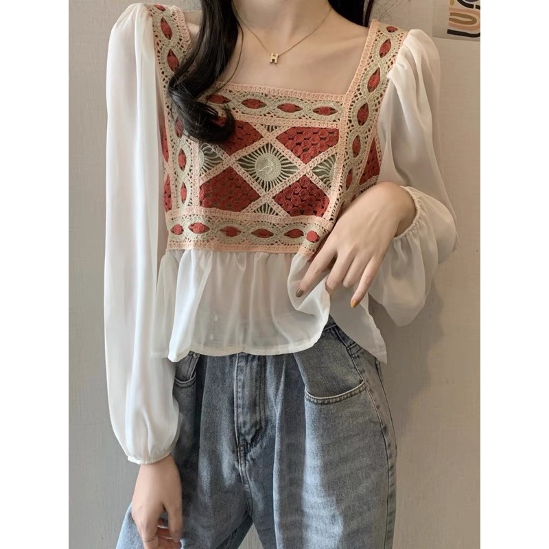 Áo boho vintage phối len đan