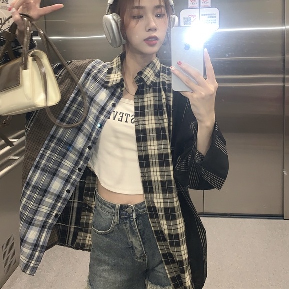 Áo sơ mi ZHELIHANGFEI tay dài dáng rộng họa tiết kẻ sọc thời trang cao cấp