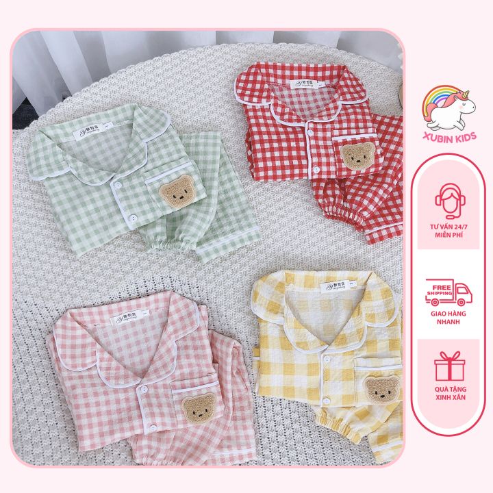 pijama mẫu gấu thêu xinh, bảng màu kẻ nổi, vải thô mềm đẹp