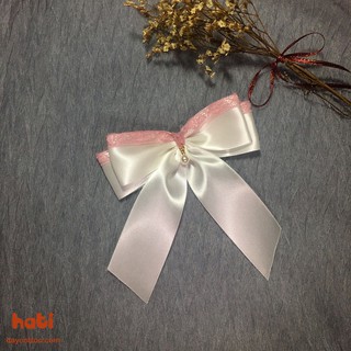 Kẹp tóc nơ trắng viền ren hồng đính hạt - Kẹp tóc Handmade HATI