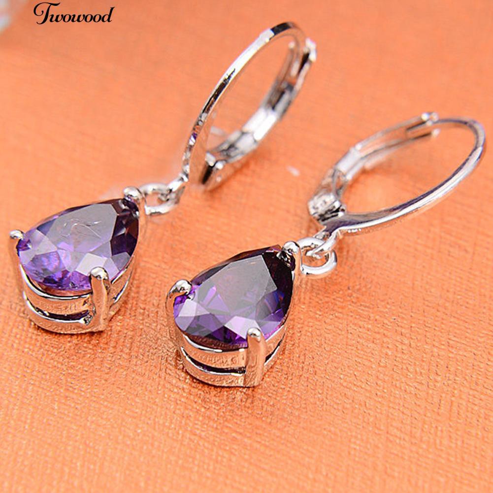 Bông Tai Đính Đá Tím Hình Giọt Nước Thời Trang