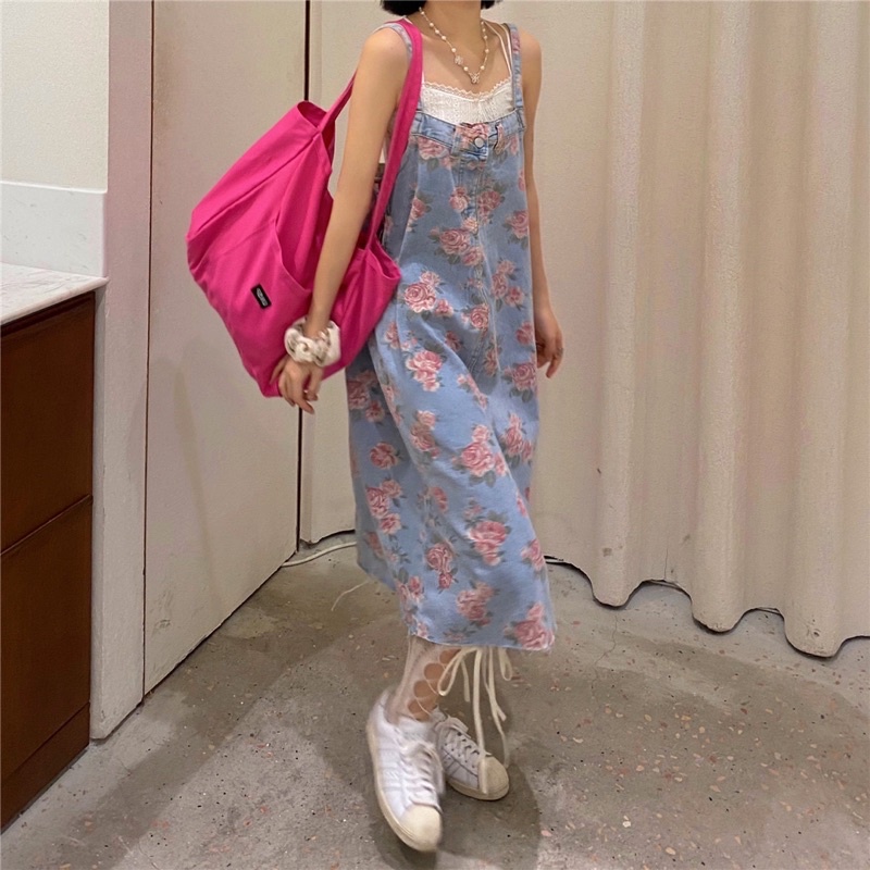 Yếm jeans bò hoạ tiết hoa dáng dài HOT TREND