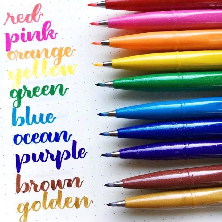 Bút đầu cọ thư pháp PENTEL Sign brush pen, fude touch 12 màu cơ bản SES15C THEARTSHOP