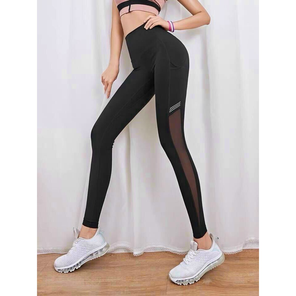Quần Dài Tập Gym Nữ - Quần Legging Lưng Cao Tập Gym Phối Lưới Thời Trang