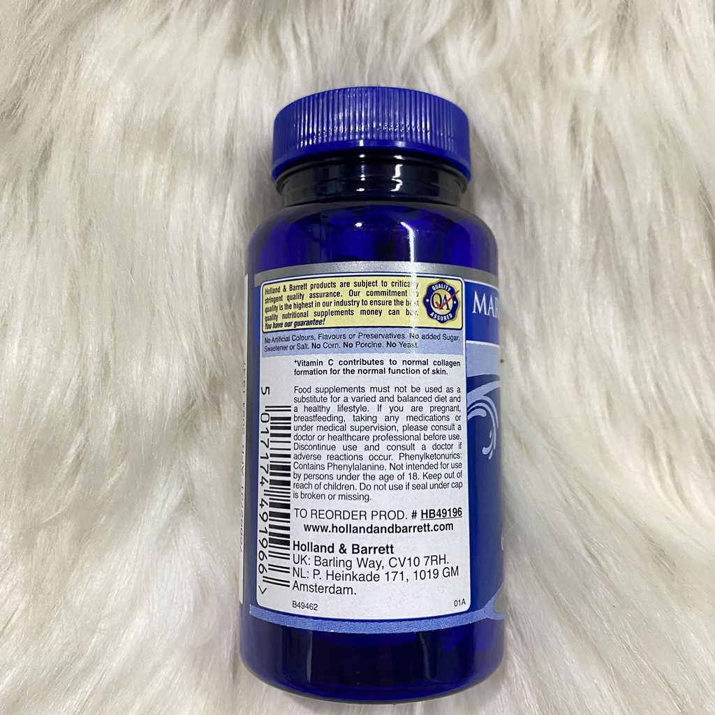 VIÊN UỐNG COLLAGEN thuỷ phân Marine Collagen Vitamin C Holland & Barrett 3000Mg lọ 90 viên Anh Quốc