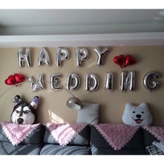 Set bóng chữ Happy Wedding và 4 bóng trái tim