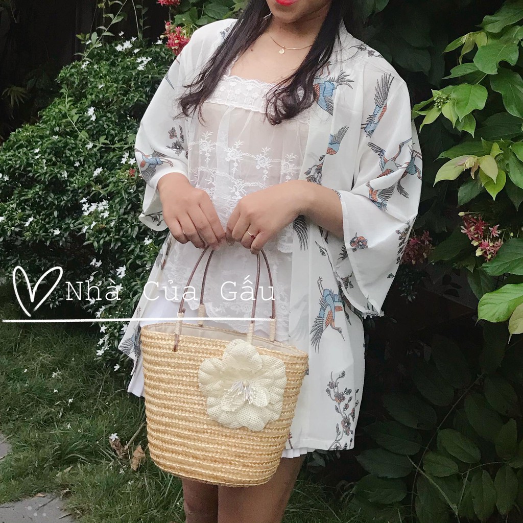 Áo khoác kimono voan họa tiết hạc mới 2020