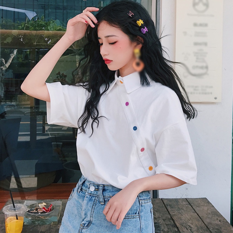 Áo thun tay ngắn dáng rộng màu sắc đơn giản quyến rũ cho nữ