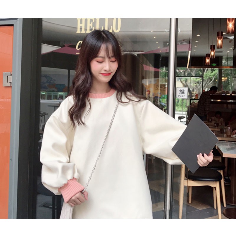 Áo Sweater Vải Cotton Phối Nhung Dáng Rộng Kiểu Hàn Quốc Cá Tính