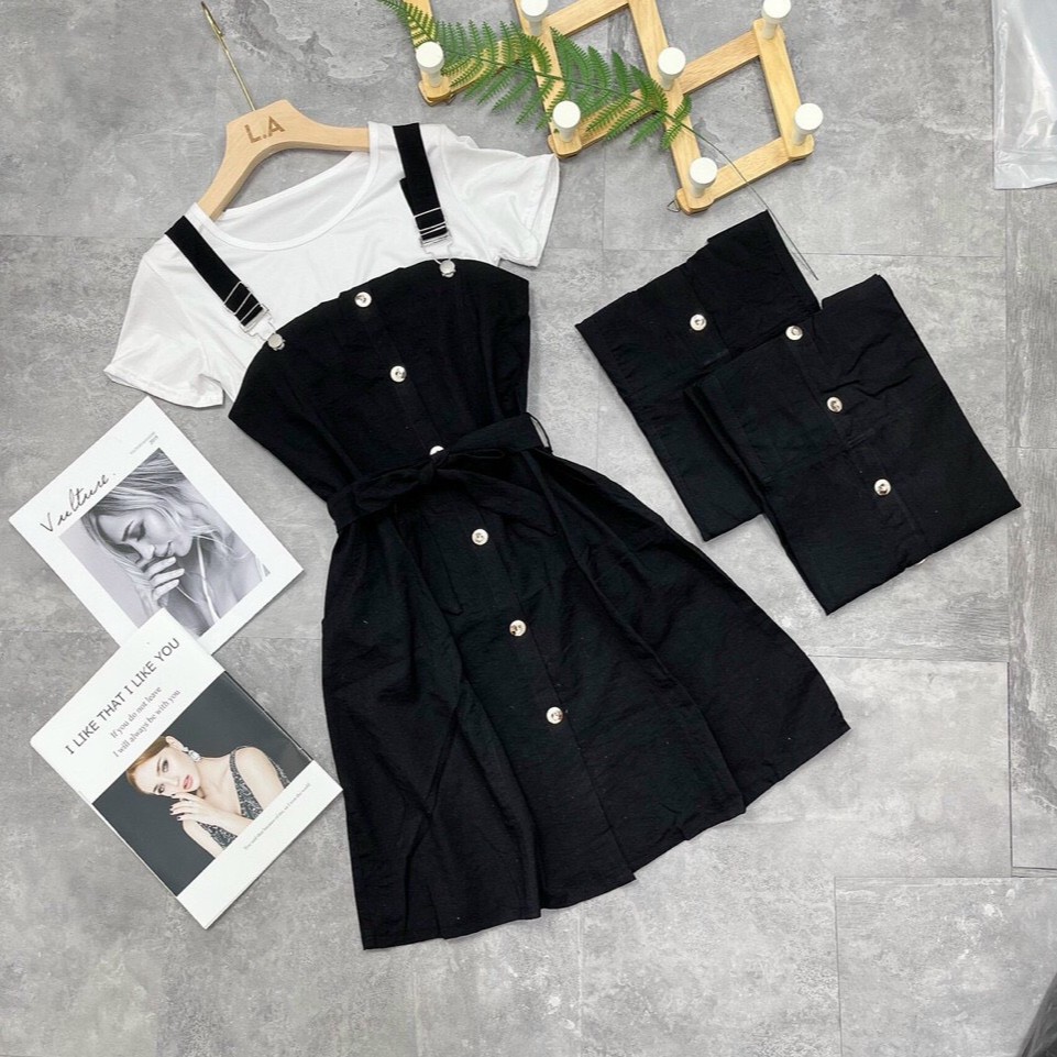 (FREESHIP) Sét váy đầm yếm Caro 2 dây tặng kèm áo thun dáng váy suông | BigBuy360 - bigbuy360.vn