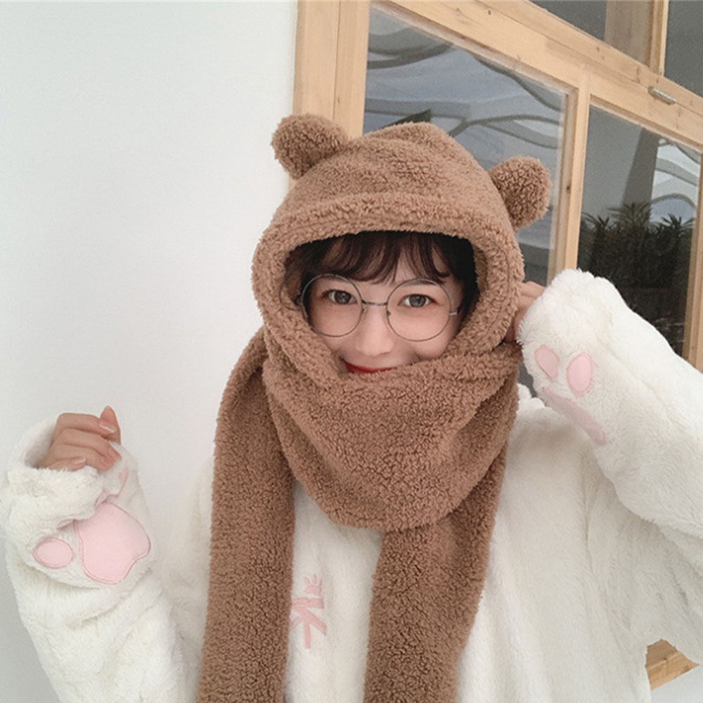 Nón Trùm Đầu Kiêm Khăn Choàng Cổ Ấm Áp Hình Gấu Dễ Thương Thời Trang Mùa Đông Cho Nữ
