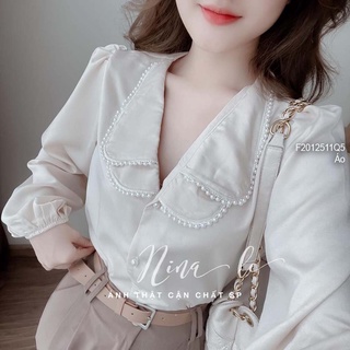 Áo sơ mi lụa cổ đính chuỗi ngọc tay dài!