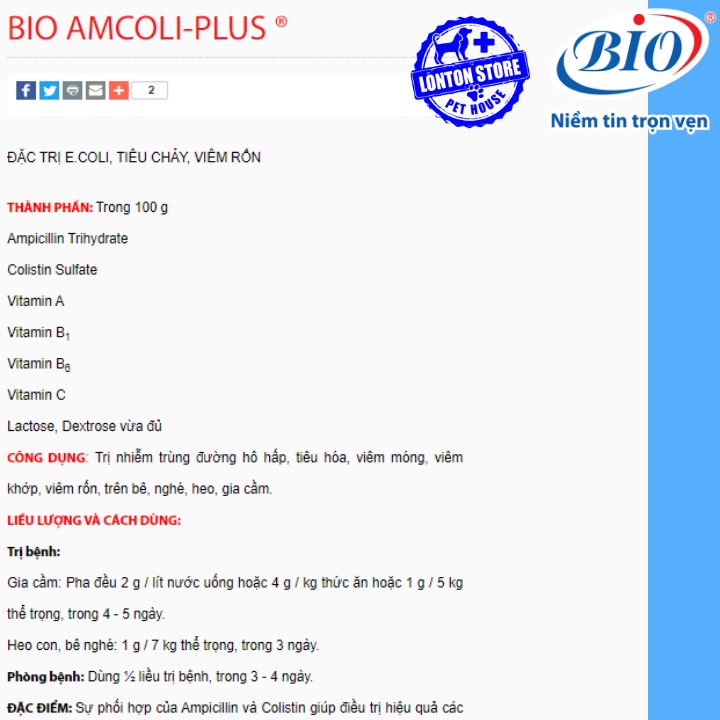 BIO Amcoli plus, sản phẩm hổ trợ sức khỏe cho gia súc gia cầm, gói 100gr