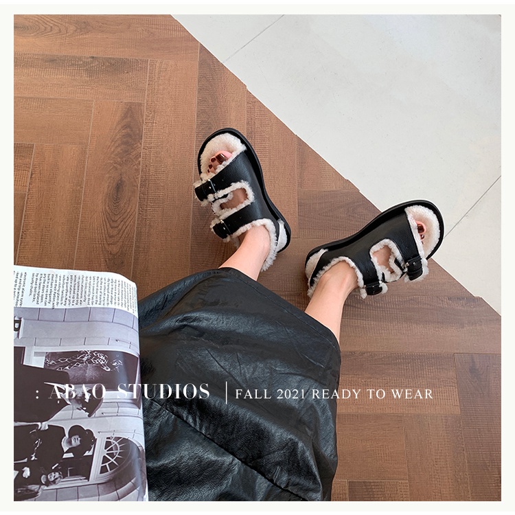 Giày sandal đế dày phối vải lông ấm áp thời trang thu đông dành cho nữ