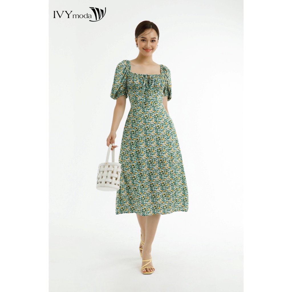 Đầm hoa nhún ngực xẻ tà trước IVY moda MS 48T0192