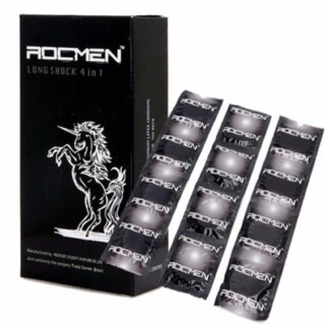 Bao Cao Su Cá Ngựa ROCMEN 4 IN 1 Đen GÂN GAI, KÉO DÀI THỜI GIAN HỘP 12 CÁI