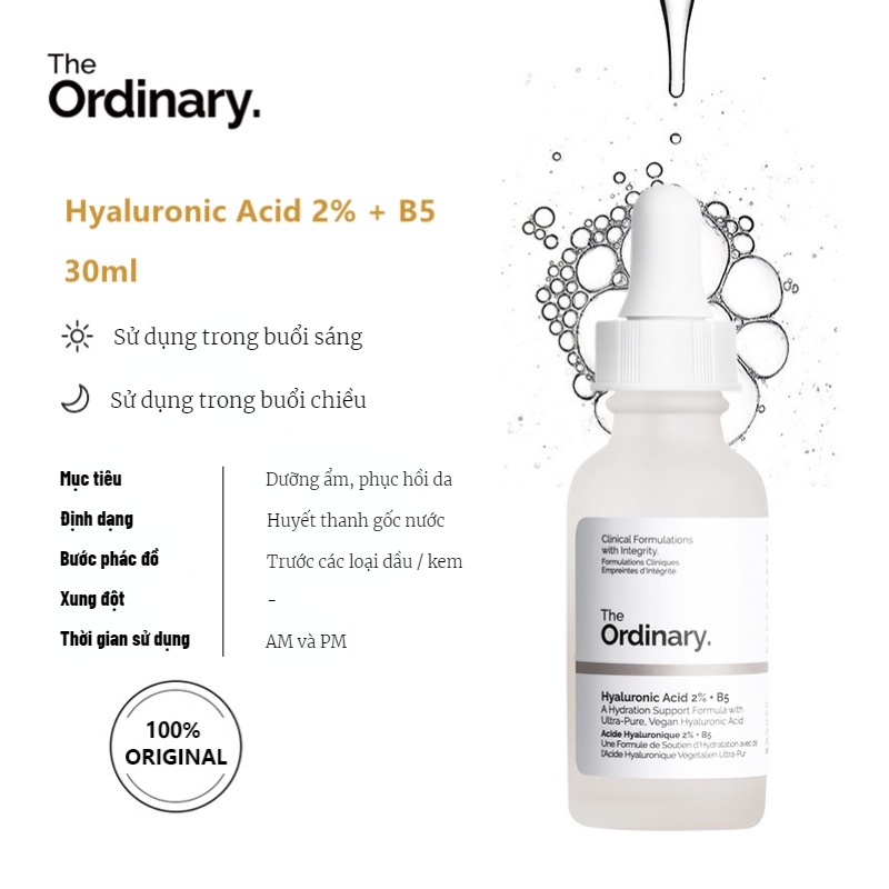The Ordinary Hyaluronic Acid Cấp ẩm và phục hồi da Giúp Cân Bằng Bã Nhờn Làm Sáng Da Thu Nhỏ Lỗ Chân Lông serum ha b5