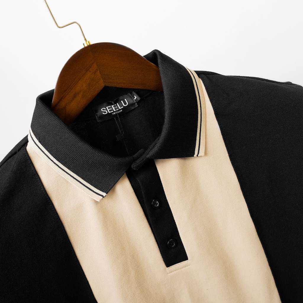 Áo thun POLO nam SEELU Fullbox, vải cá sấu Cotton, chống nhăn, thoáng mát - Phối sọc giữa