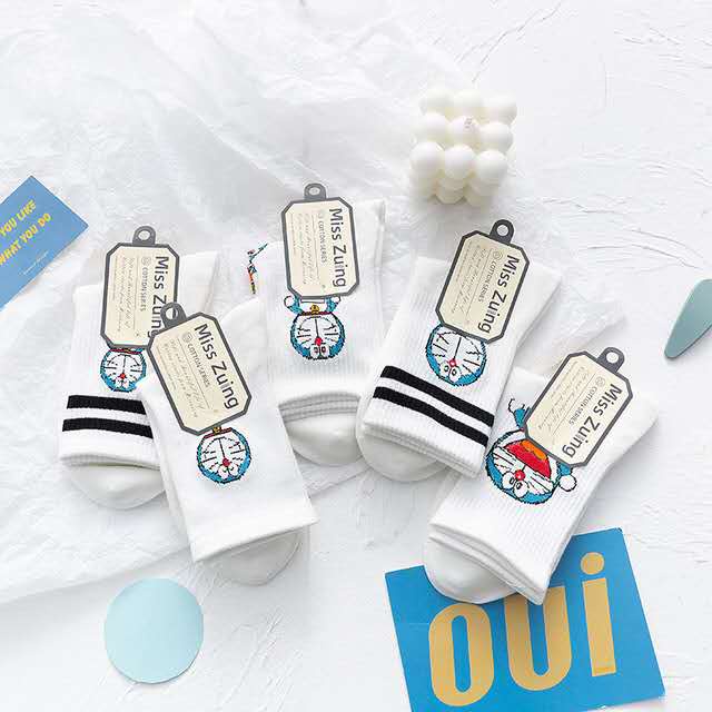 Set 10 đôi tất cao cổ nữ trắng hình đôremon đáng yêu, chất liệu thoáng mát, thấm mồ hôi hàng Quảng ChâuSHOPEMTRANG07