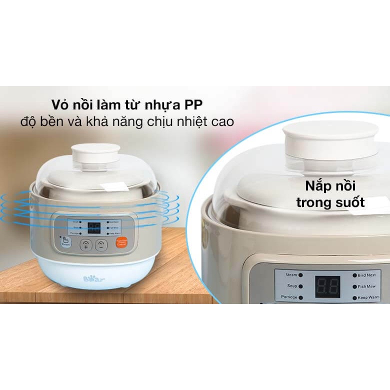 Nồi Hầm Điện Nấu Chậm Đa Năng, Nồi Nấu Cháo Ăn Dặm Cho Em Bé Ninh Hầm Chưng 0.8L Bear DDZ-A08D1 Phiên Bản Quốc Tế