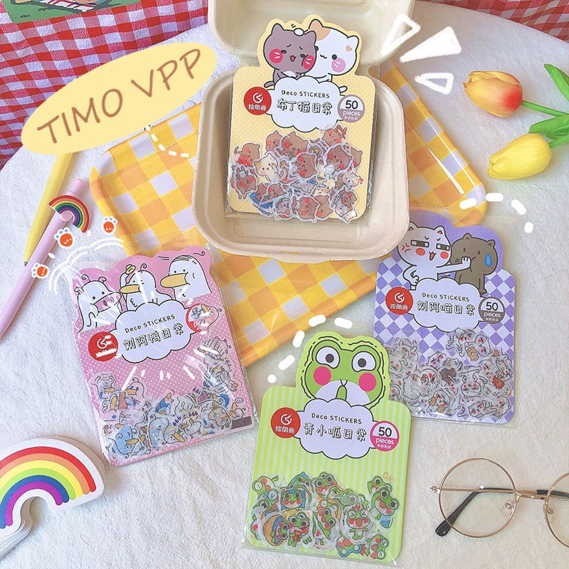 Sticker dán sổ dễ thương trang trí laptop đồ dùng học tập hình heo chó mèo cute 50 miếng ST17