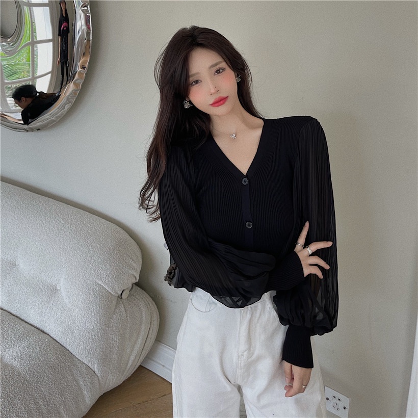QKOOLE  Áo khoác cardigan dệt kim tay phồng dáng rộng phong cách Hàn Quốc thời trang cho nữ