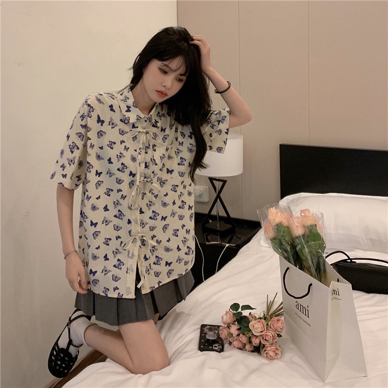 SUXI Áo Sơ Mi Tay Ngắn Dáng Rộng In Họa Tiết Bướm Phong Cách Cổ Điển Thời Trang Mùa Hè Cho Nữ
