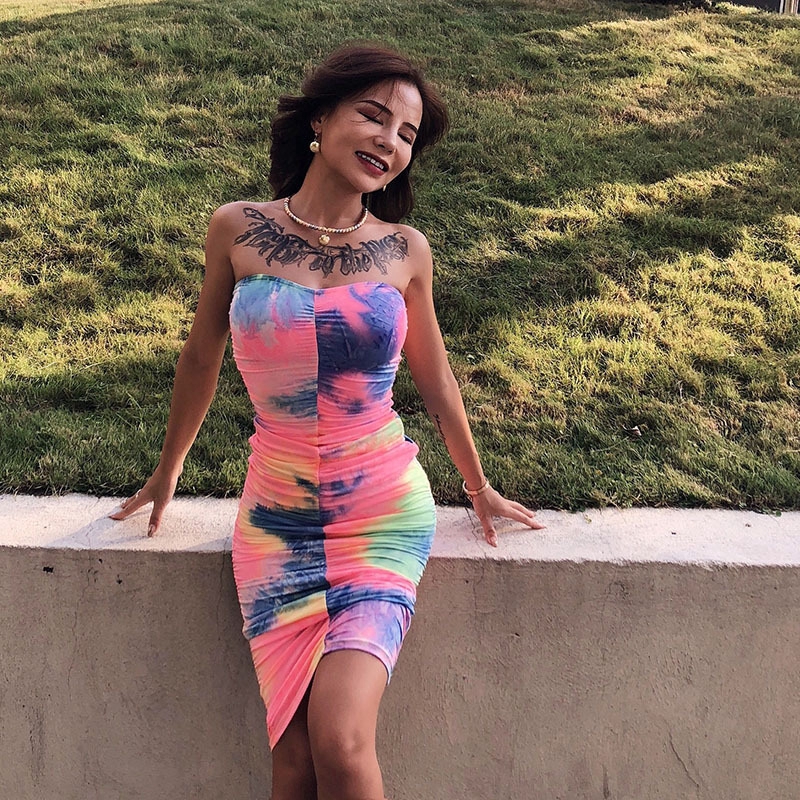 COD Sexy Strapless Muliticolor Print Slim Dress Women Sleeveless Bodycon Midi Dress | BigBuy360 - bigbuy360.vn