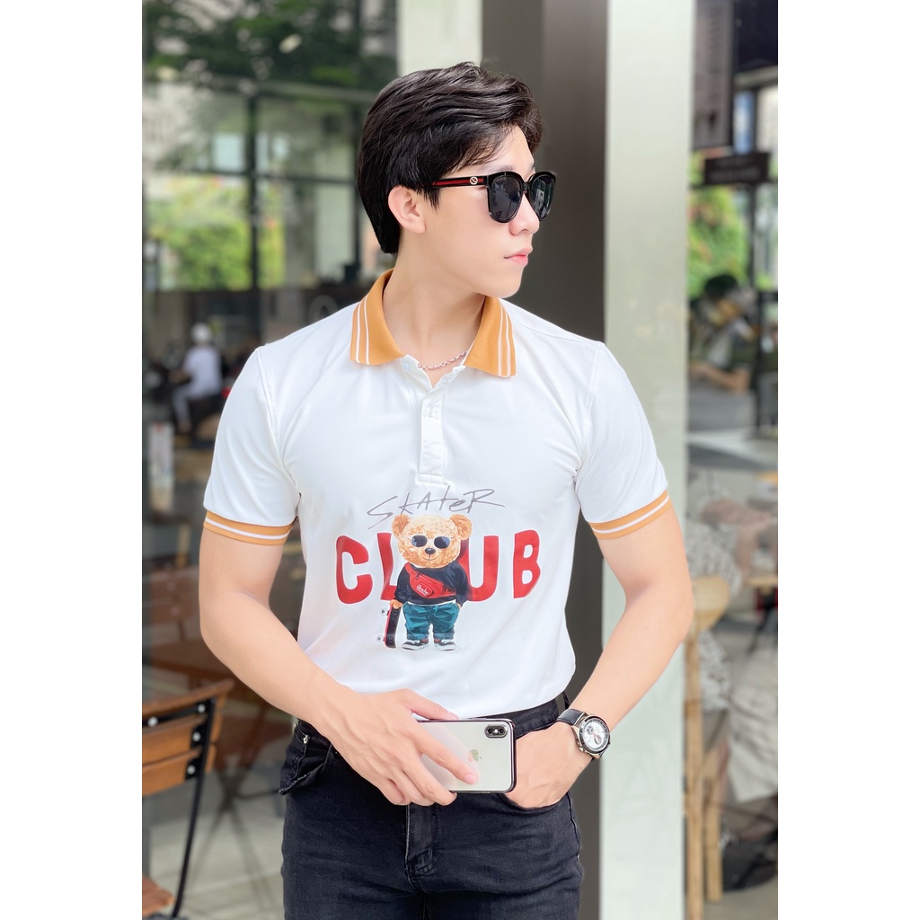 Áo polo nam cổ bẻ in gấu bự phối bo viền chất vải cá sấu Cotton xuất xịn,chuẩn form, sang trọng - thanh lịch TB033