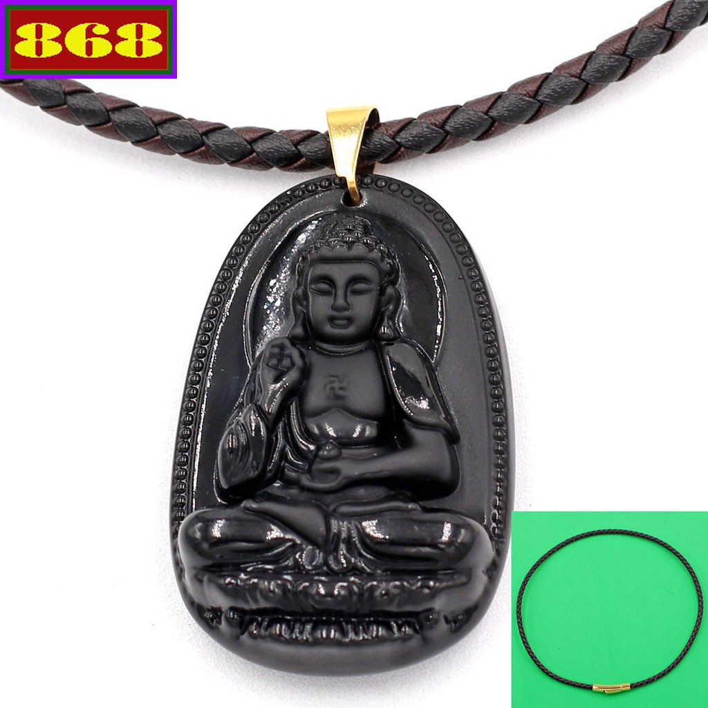 Vòng cổ dây da A Di Đà - Đá đen 5 cm DDNEBTAEN7 - Hộ mệnh tuổi Tuất, Hợi - Mặt Size lớn
