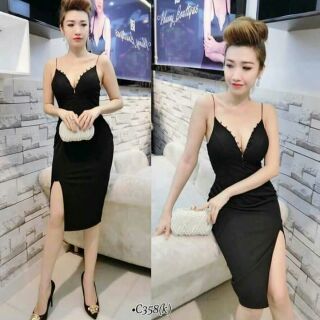 Đầm body 2 dây xẻ ngực sâu đính cườm