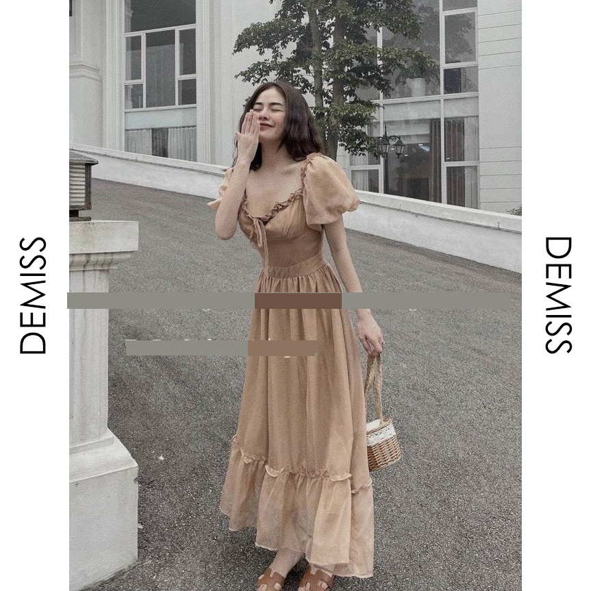 Đầm Maxi Nâu Tây 💖DEMISS💖 Váy Maxi Nâu Tây Viền Bèo Tay Phồng Dạo Phố Đi Biển - V-NÂU-26