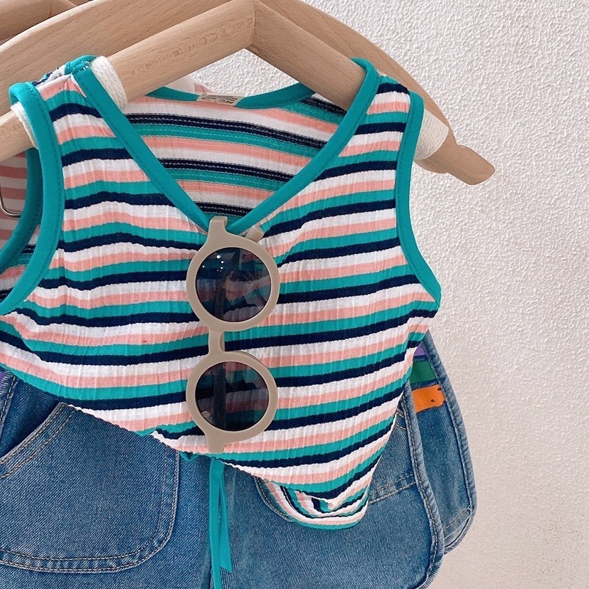 Set Áo Hai Dây Họa Tiết Kẻ Sọc Và Quần Short Denim Phong Cách Hàn Quốc Thời Trang Mùa Hè Cho Bé Gái