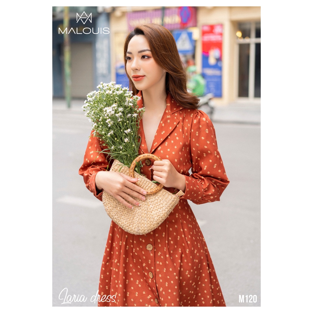Váy cổ vest hoa nhí tay dài kiểu vintage - M120
