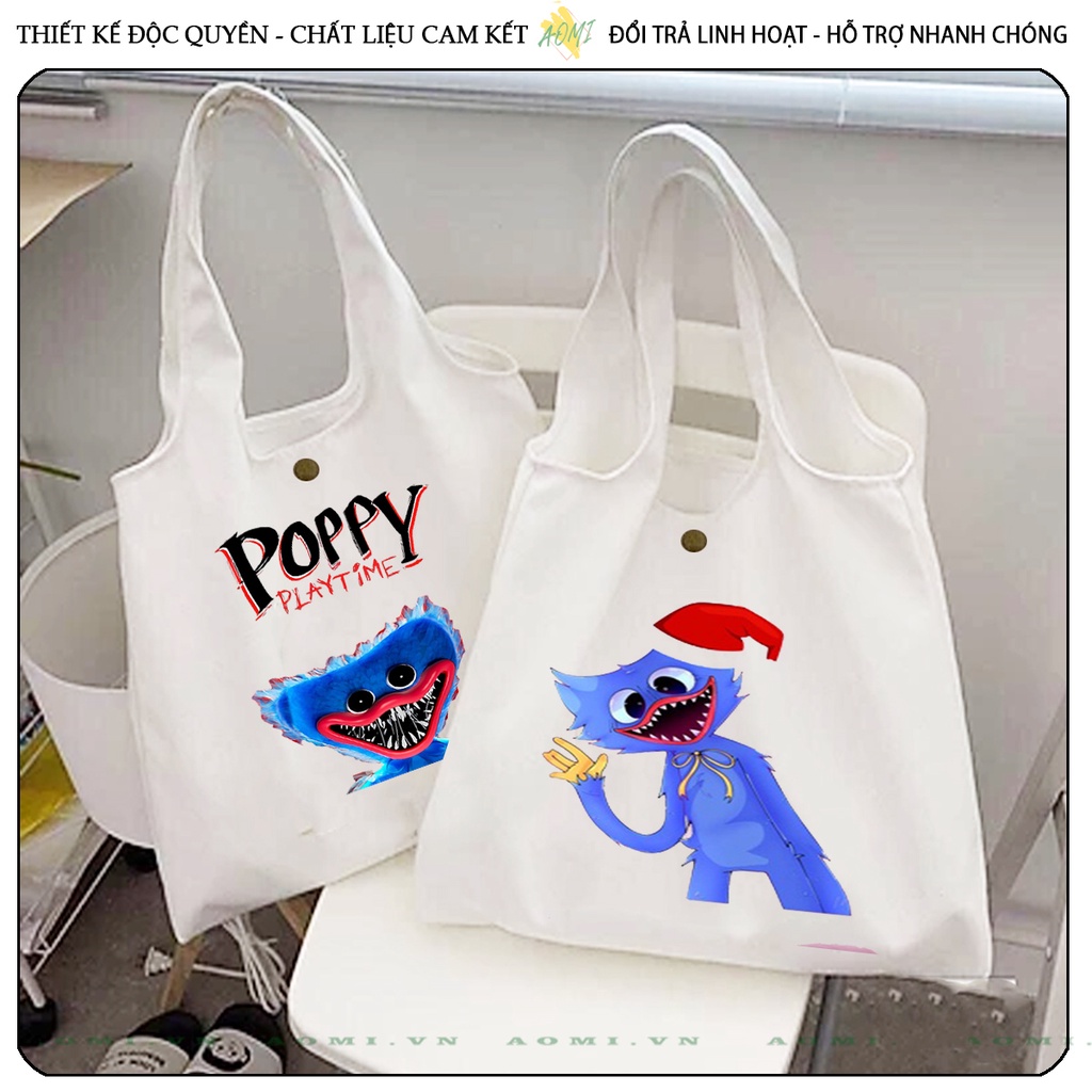 TOTE CANVAS  HUGGY WUGGY FORM TRÒN TÚI VẢI ĐEO VAI BAG NÚT BẤM SIZE LỚN AOMIVN DU LỊCH DẠO PHỐ CÁ TÍNH