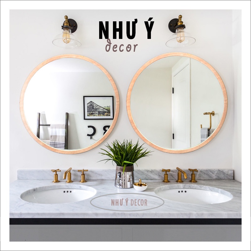 Gương soi nhà tắm tròn viền gỗ treo tường cao cấp D40- Gương tròn decor phòng tắm hoặc phòng ngủ