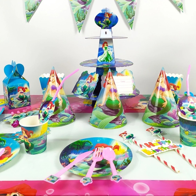 Bộ Khăn Ăn Dùng Một Lần In Họa Tiết Nàng Tiên Cá Cho Bé Gái