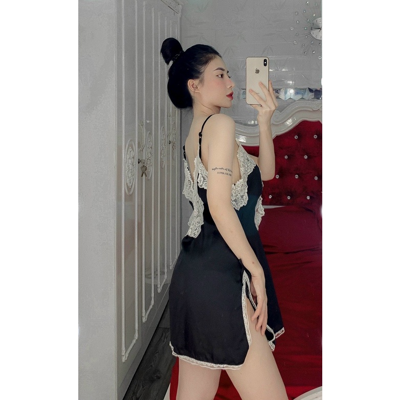 Đầm ngủ 2 dây xẻ tà, lụa satin cao cấp phối ren quyến rũ kèm quần đùi gợi cảm, freesize dưới 65kg - SHOP HUYỀN TRANG
