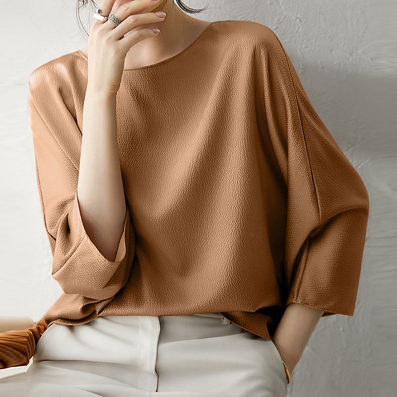 Áo kiểu ZANZEA tay 3/ 4 cổ tròn màu trơn tùy chọn thời trang dành cho nữ