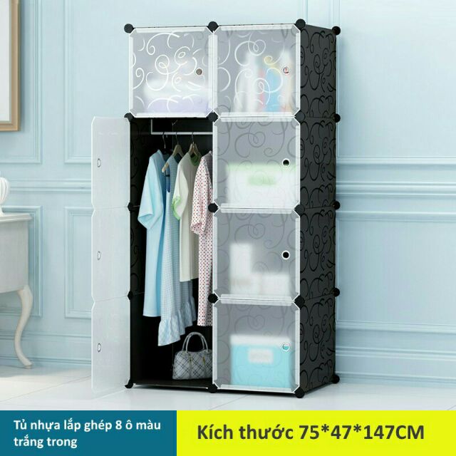 Tủ nhựa ghép đa năng 8 ô size lớn mẫu gân đen sang trọng
