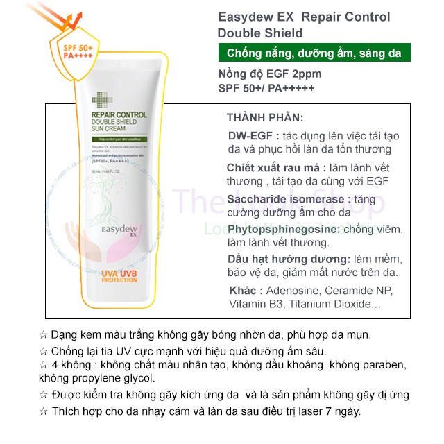 Kem chống nắng EGF dưỡng ẩm, che khuyết điểm cho da mụn, lăn kim, laser SPF50/PA++++ Easydew EX Repair Control BB cream