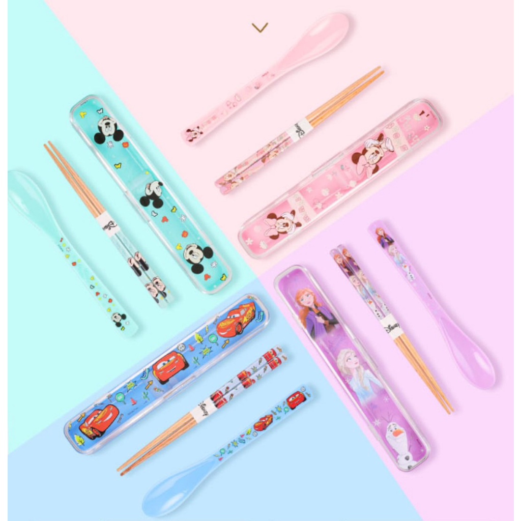 Set đũa muỗng Disney gỗ nhựa kèm hộp trong suốt Frozen Car Mickey Minnie cho trẻ em bé trai gái