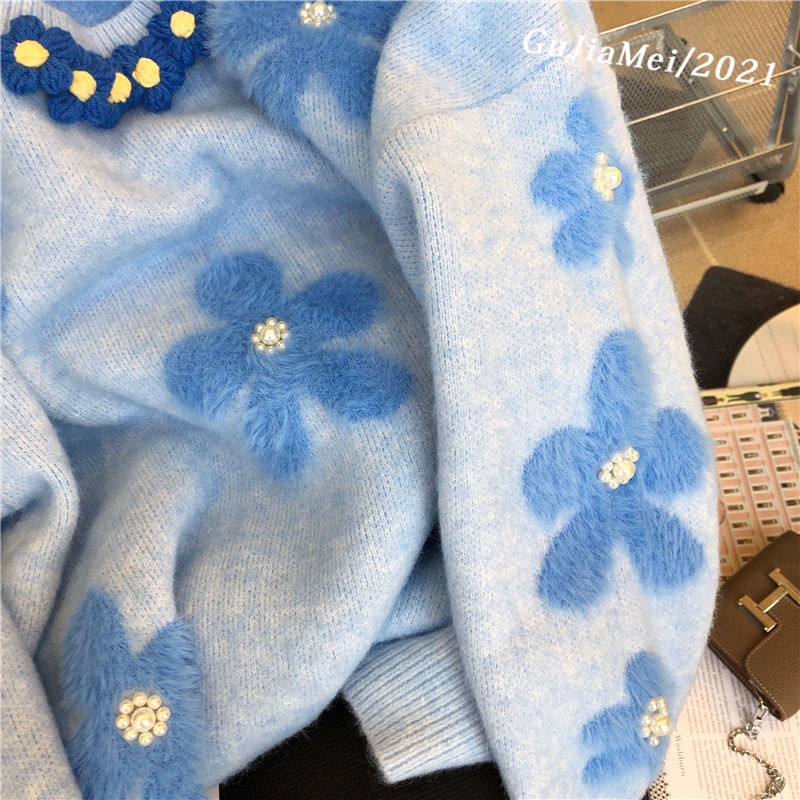 Áo Sweater Dệt Kim Dày Dáng Rộng Đính Hạt Màu Xanh Sữa Thời Trang Thu Đông Cho Nữ