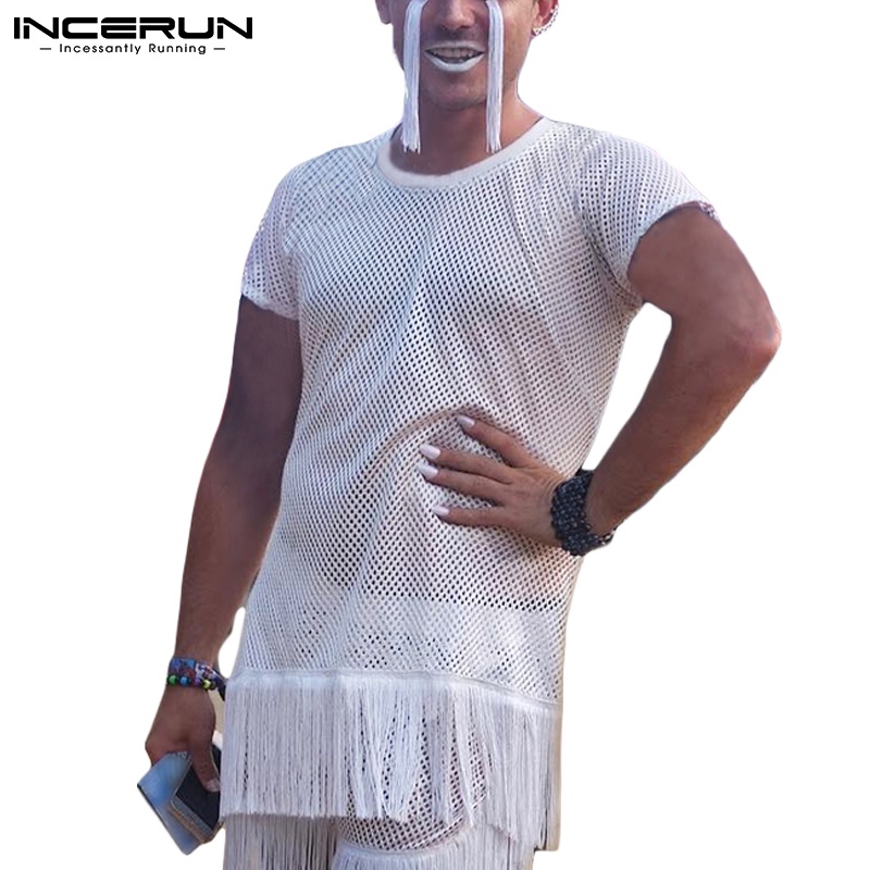Áo thun tay ngắn INCERUN dáng rộng kiểu lưới phối tua rua thời trang mùa hè cho nam