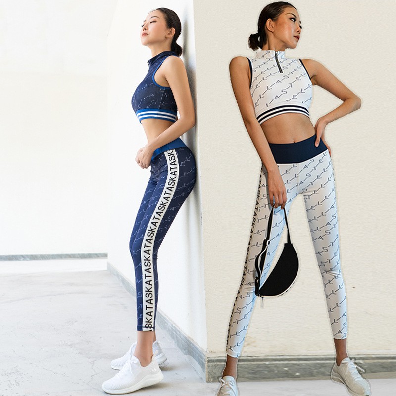 ĐỒ TẬP GYM, YOGA - Set đồ tập gym 2 mảnh thu đông, Áo bra quần cạp cao in chữ 3D [FANDRUINO]